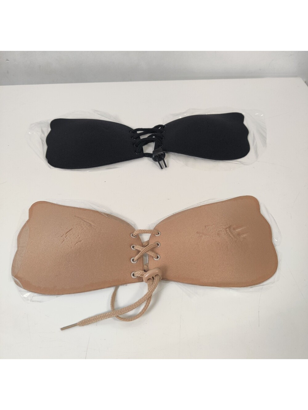 Set of 2 Strapless Backless Adhesive Push Up Bras Lace Up Nude Black Cup B